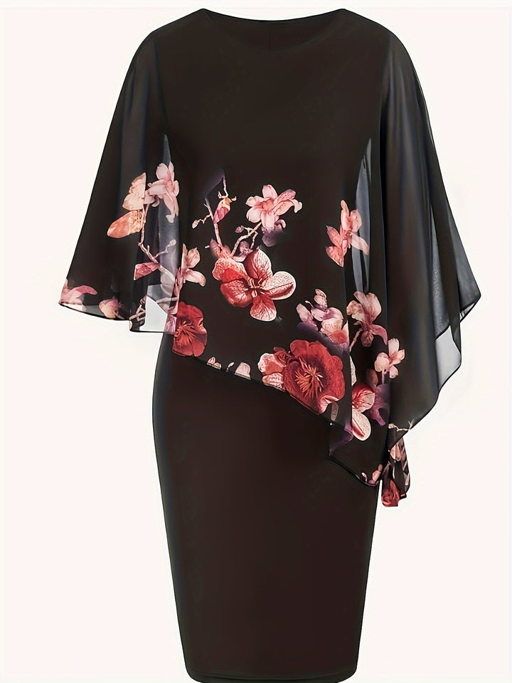 Elegant Plus Size Floral Bodycon Dress with Irregular Sleeves and Crew Neck