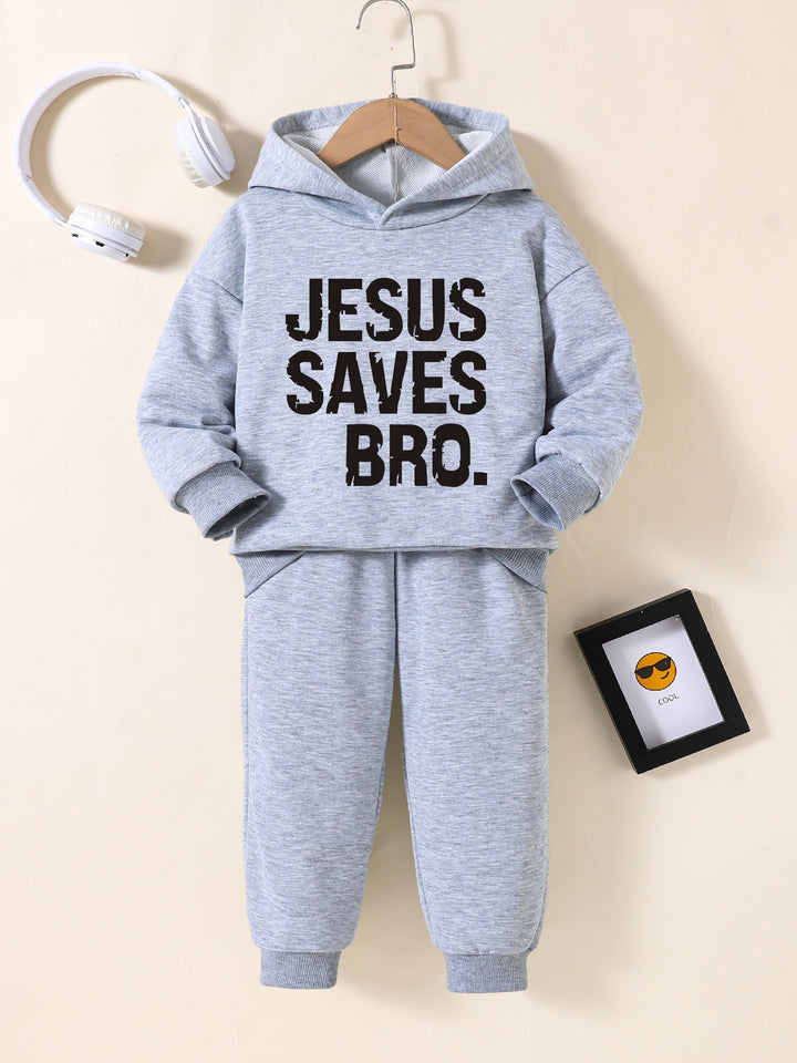 2pcs "Jesus Saves Bro" Print Outfit For Boys, Hoodie & Sweatpants Set, Trendy Hooded Long Sleeve Top, Kid's Clothes For Spring Fall Winter, As Gift