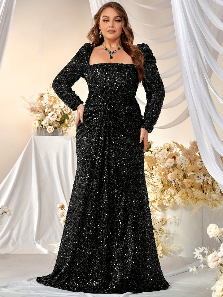 Elegant Plus Size Sequin Dress for Parties and Banquets, Square Neck Long Sleeve Dress with Brush Train, Women's Plus Size Clothing