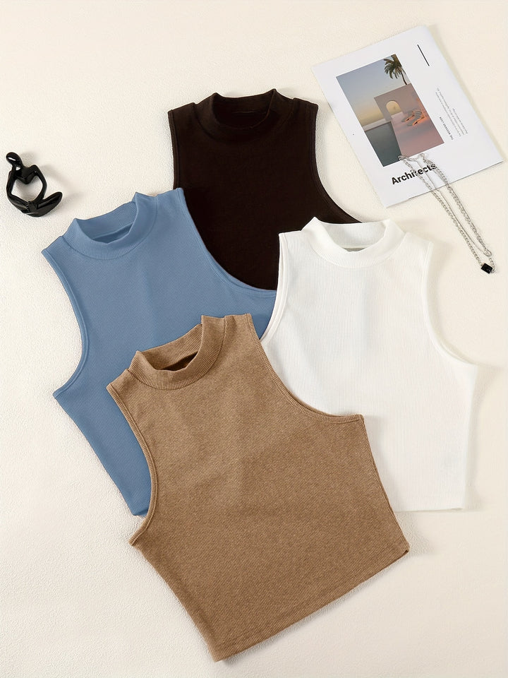 Solid Summer 4pcs Tank Tops, Casual Crew Neck Sleeveless Knit Tank Tops, Women's Clothing