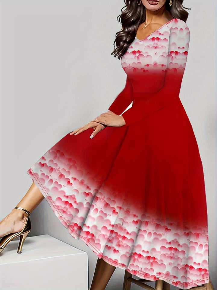 Plus Size Heart Print Dress, Casual V Neck Long Sleeve Dress, Women's Plus Size Clothing