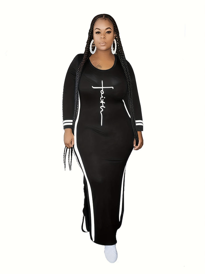Stylish Plus Size Dress for Women - Cross Letter & Stripe Print Long Sleeve Split Dress