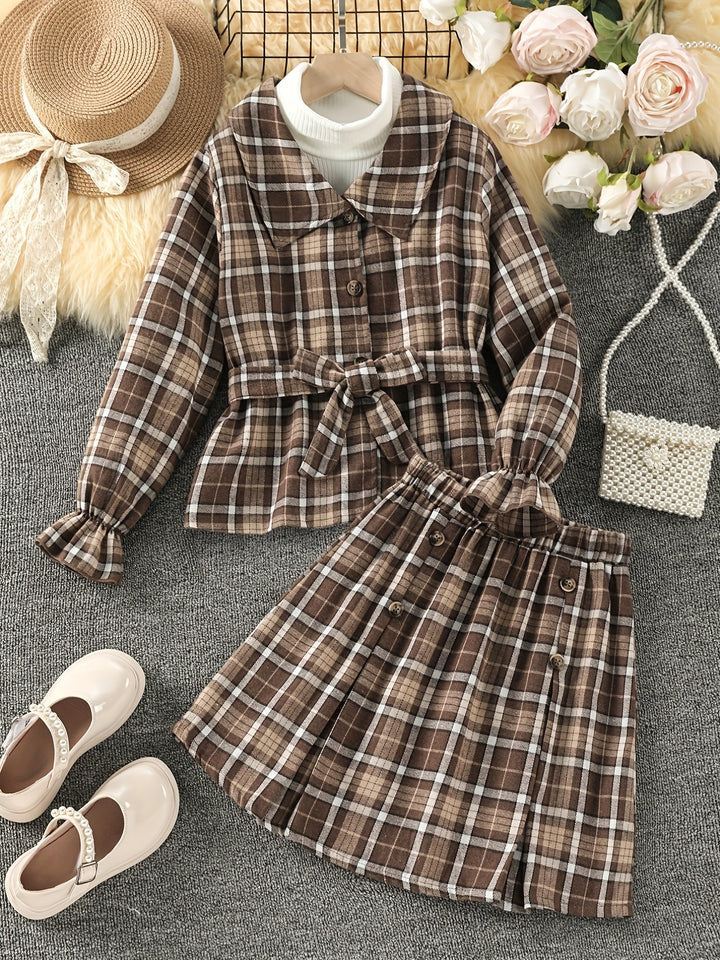 2pcs Girl's Plaid Pattern Outfit, Belted Coat & A-line Skirt Set, Vintage Style, Kid's Clothes For Spring Autumn