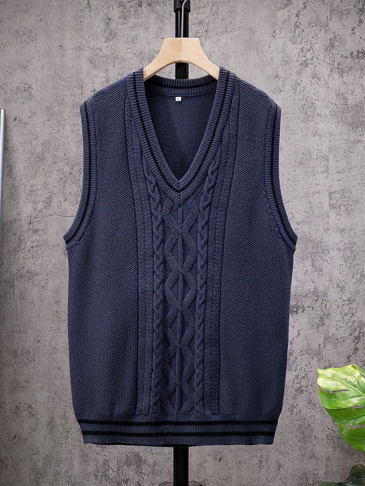 Casual Sleeveless V-Neck Sweaters, Men's Vertical Stripe Knit Vest