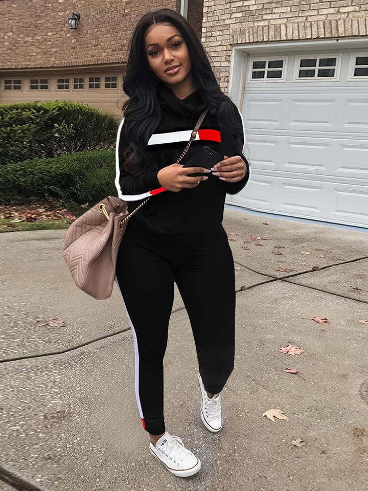 Striped Graphic 2 Piece Tracksuit Outfits, Casual Turtleneck Pullover Shirt & Sweatpants, Women's Clothing