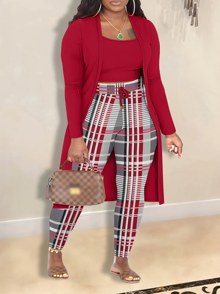 Plus Size Plaid Print Three-piece Set, Crew Neck Cami Top & Long Sleeve Open Front Top & Slim Pants Outfits, Women's Plus Size Clothing