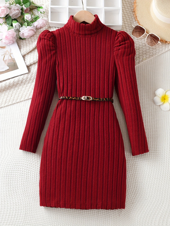 Elegant Ribbed Knit Dress With Belt, Girls, High Neck Long Sleeve Dresses For Autumn / Winter, Gift, Party, Girls' Clothing