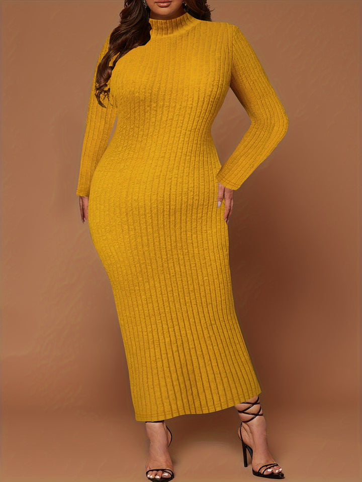 Plus Size Solid Ribbed Dress, Casual Mock Neck Long Sleeve Dress, Women's Plus Size Clothing