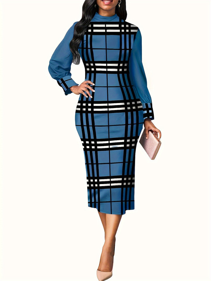 Elegant Plaid Print Dress for Women, Slim Fit Mock Neck Knee-length Dress with Long Sleeves, Perfect for Spring and Fall