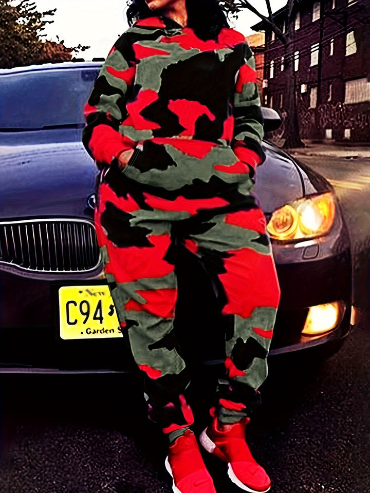 Plus Size Casual Outfits Set, Women's Plus Camo Print Long Sleeve Slight Stretch Hoodie & Joggers Outfits Two Piece Set