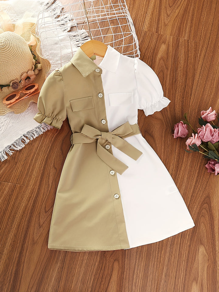 Girls Causal Color Block Puff Sleeve Button Down Lapel Dress With Belt, Kids Summer Dress