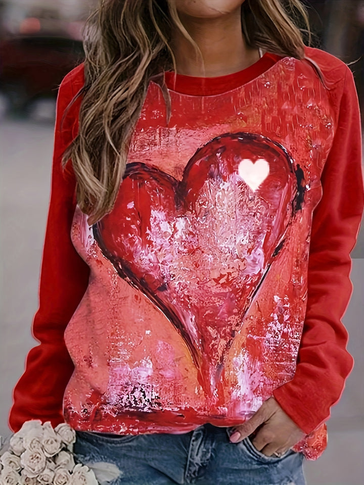 Plus Size Heart Print Top, Casual Crew Neck Long Sleeve Top, Women's Plus Size Clothing