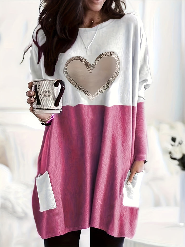 Plus Size Casual T-shirt, Women's Plus Colorblock Heart Print Drop Shoulder Long Sleeve Round Neck Tunic T-shirt With Pockets