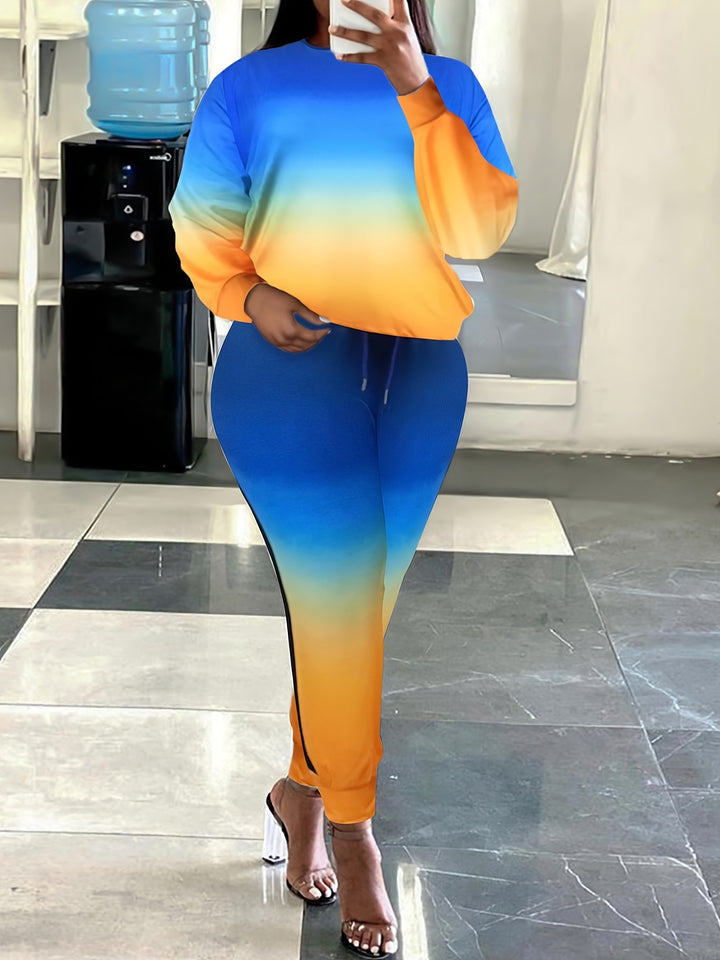 Plus Size Casual Outfits Set, Women's Plus Ombre Print Long Sleeve Round Neck Top & Joggers Outfits 2 Piece Set