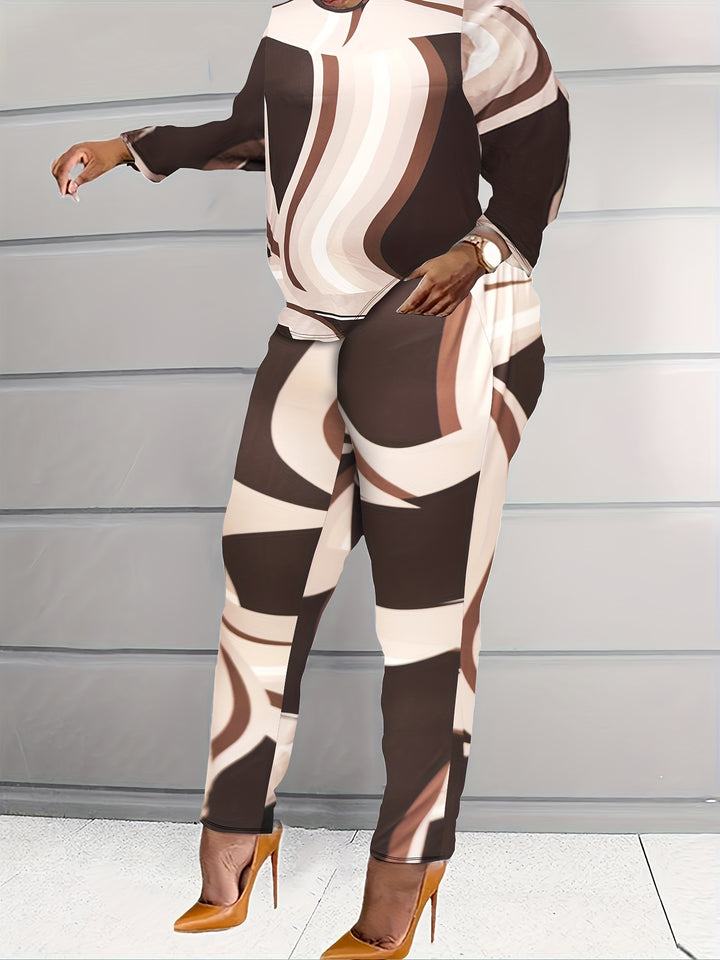 Plus Size Casual Outfits Set, Women's Plus Graphic Print Long Sleeve Round Neck Tee & Leggings Outfits 2 Piece Set