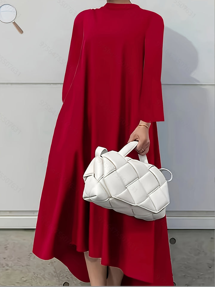 Solid Mock Neck Dress, Elegant Long Sleeve Irregular Hem Dress, Women's Clothing