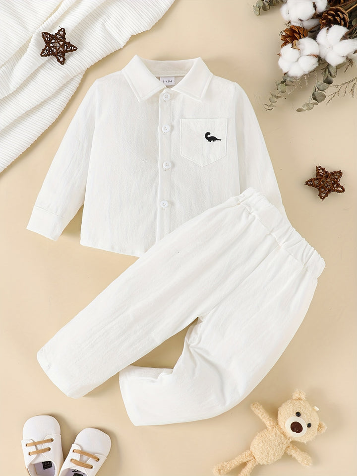 Spring And Autumn Casual Outfits, 2pcs Baby Boys Little Dinosaur Graphic Long Sleeve Shirt & Pants Set, Comfortable And Breathable