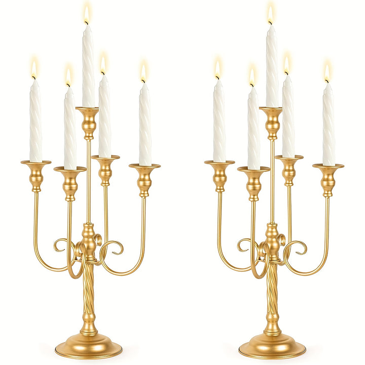 2pcs Golden Candelabra Centerpieces For Tables, Metal Tall Candle Holder For Taper Candles, 5 Arm Candlestick Holder For Wedding Centerpiece Decor Party Event Reception Decoration,19.7in