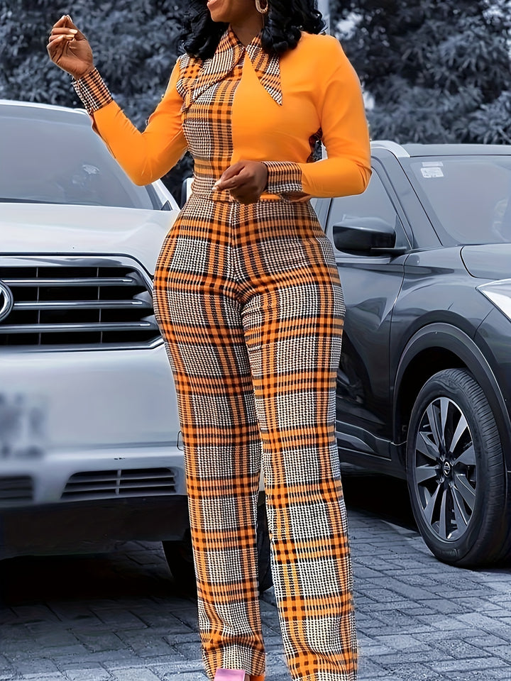 Plus Size Casual Jumpsuit, Women's Plus Colorblock Geometric Print Long Sleeve Turn Down Collar Jumpsuit