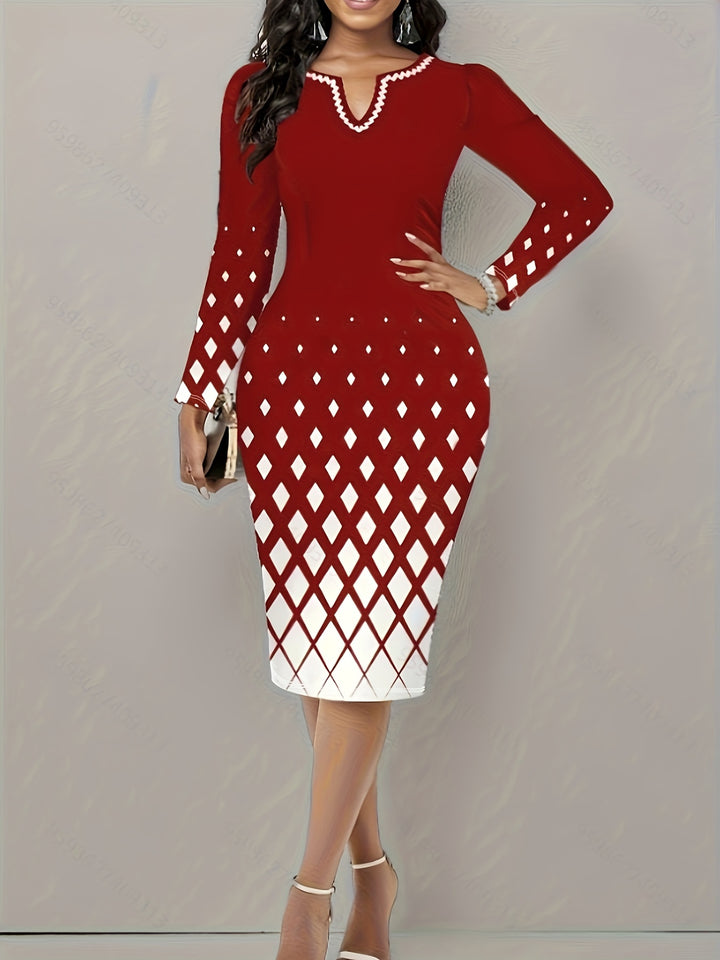 Plus Size Elegant Dress, Women's Plus Geometric Print Long Sleeve Notched Neck Slim Fit Dress