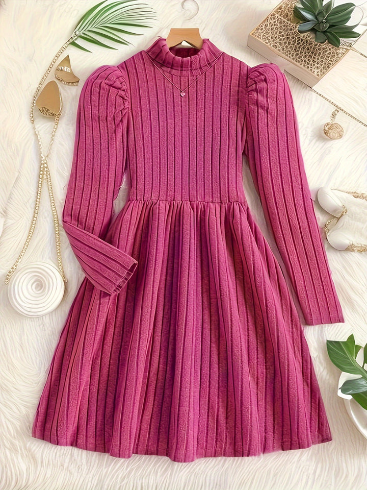 Girls Solid Ribbed Knit Long Sleeve Dress Comfy Stretchy Dress Without Necklace For Fall Winter Christmas Gift