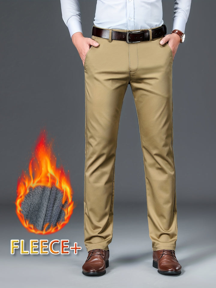 Warm Fleece Dress Pants, Men's Formal Solid Color Stretch Dress Pants For Fall Winter Business