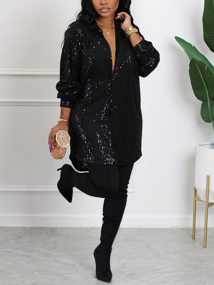 Elegant Plus Size Sequin Party Dress with Long Sleeves and Turn Down Collar