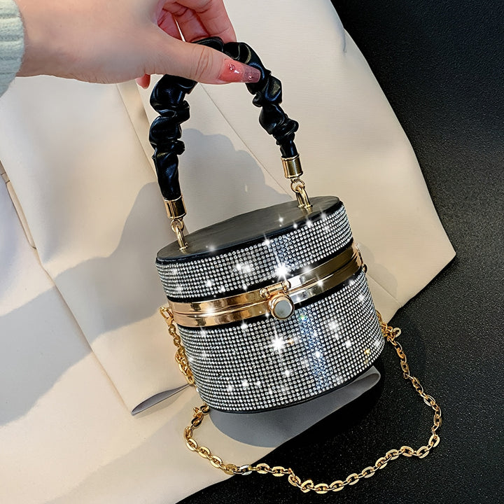 Mini Allover Rhinestone Handbag, Ruched Detail Evening Bucket Bag, Stylish Chain Shoulder Purse For Party (3.9*4.7*4.7) Inch
