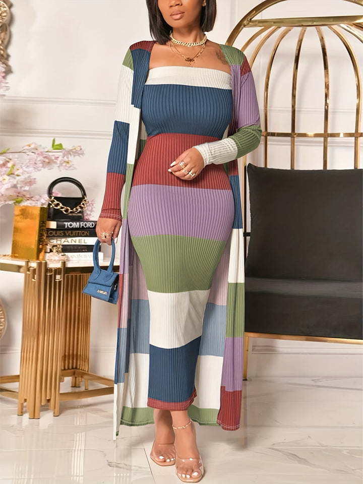 Stripe Print Two-piece DressSet, Sleeveless Tube Dress & Open Front Long Sleeve Cardigan Outfits, Women's Clothing