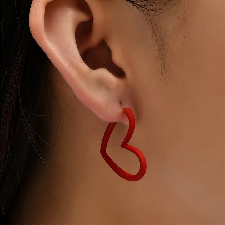 Red Heart Design Hoop Earrings Retro Simple Style Zinc Alloy Jewelry Trendy Gift For Lovers Female Ear Jewelry