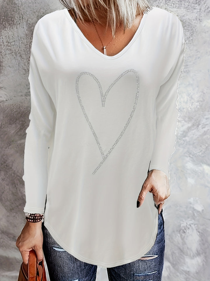 Rhinestone Heart Pattern V Neck T-Shirt, Casual Long Sleeve T-Shirt For Spring & Fall, Women's Clothing