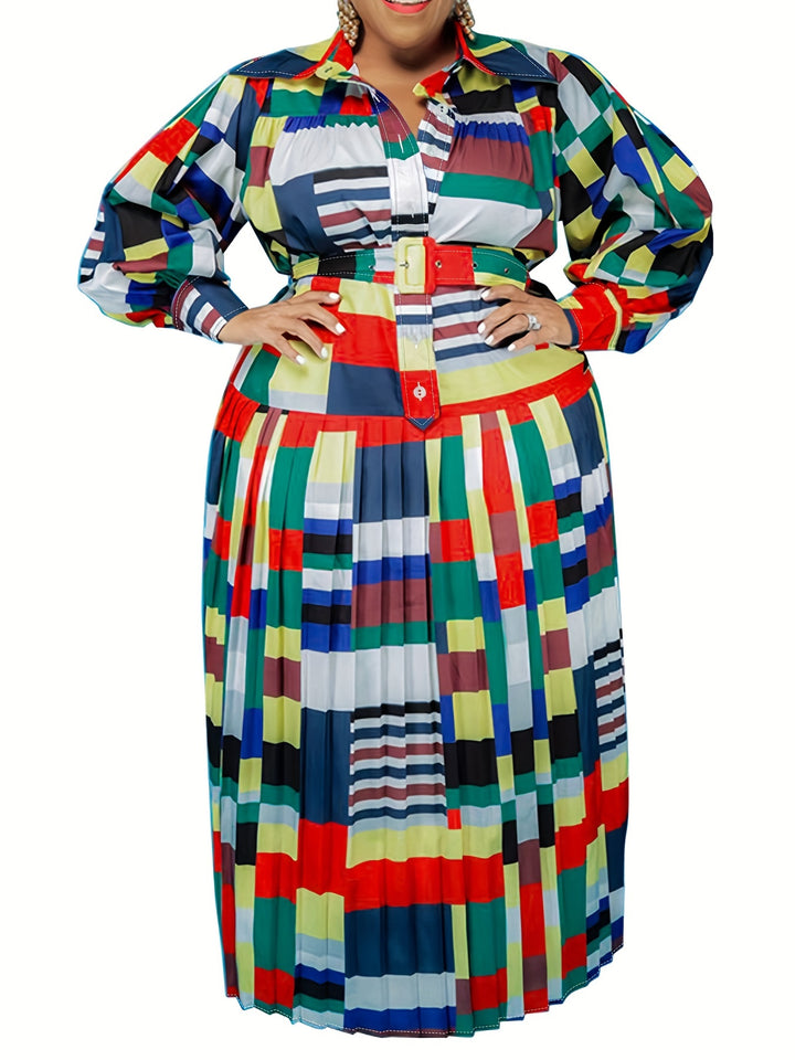 Stylish Plus Size Maxi Dress with Colorblock Design and Lantern Sleeves for Women