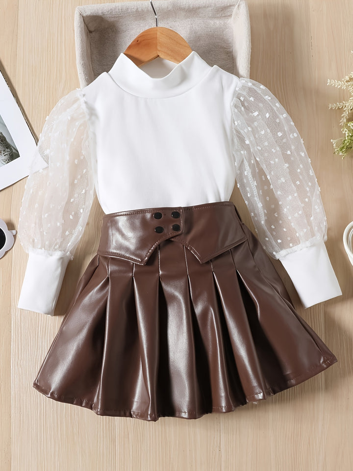 Sweet Outfits Girls 2pcs, Puff Mesh Sleeve Top + PU Leather Skirt Kids Clothes Gift Gift Halloween Christmas