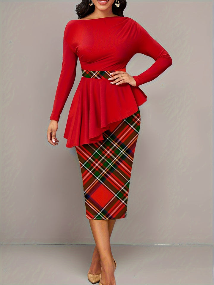 Plaid Print Patchwork Dress, Elegant Long Sleeve Color Block Dress, Women's Clothing