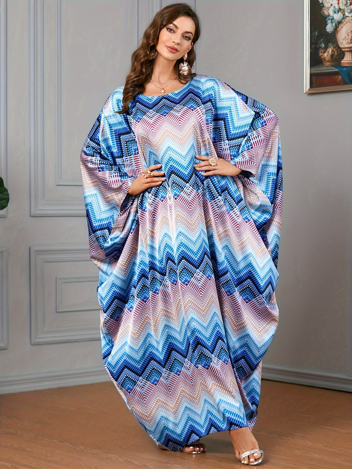Plus Size Colorblock Stripe Print Kaftan Dress, Elegant Crew Neck Batwing Sleeve Maxi Dress, Women's Plus Size Clothing