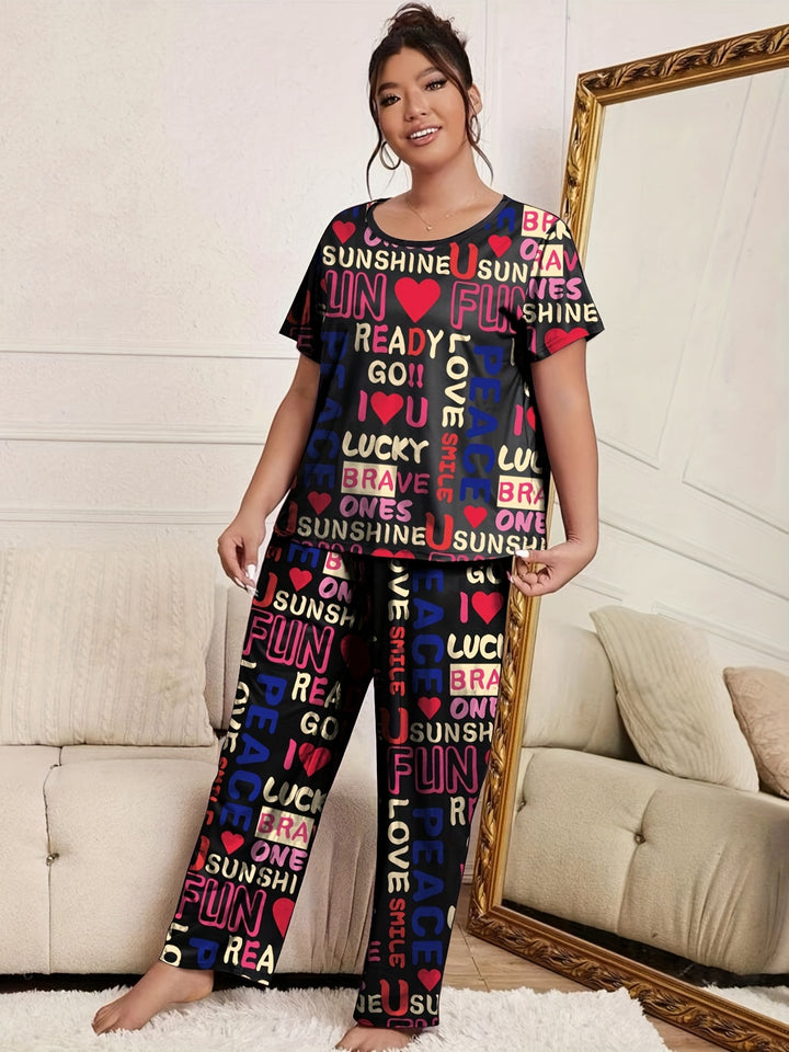 Plus Size Casual Pajama Set, Women's Plus Heart & Letter Print Short Sleeve Round Neck T-shirt & Pants Comfort Pajama Two Piece Set