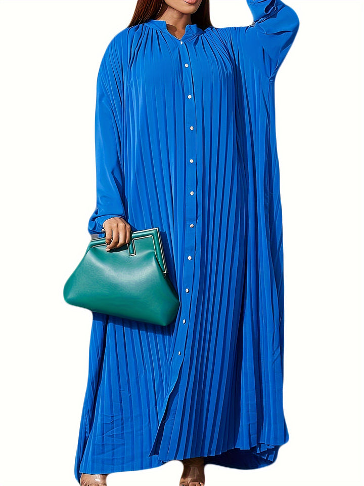 Plus Size Textured Solid Button Front Dress, Casual Long Sleeve Maxi Dress, Women's Plus Size Clothing