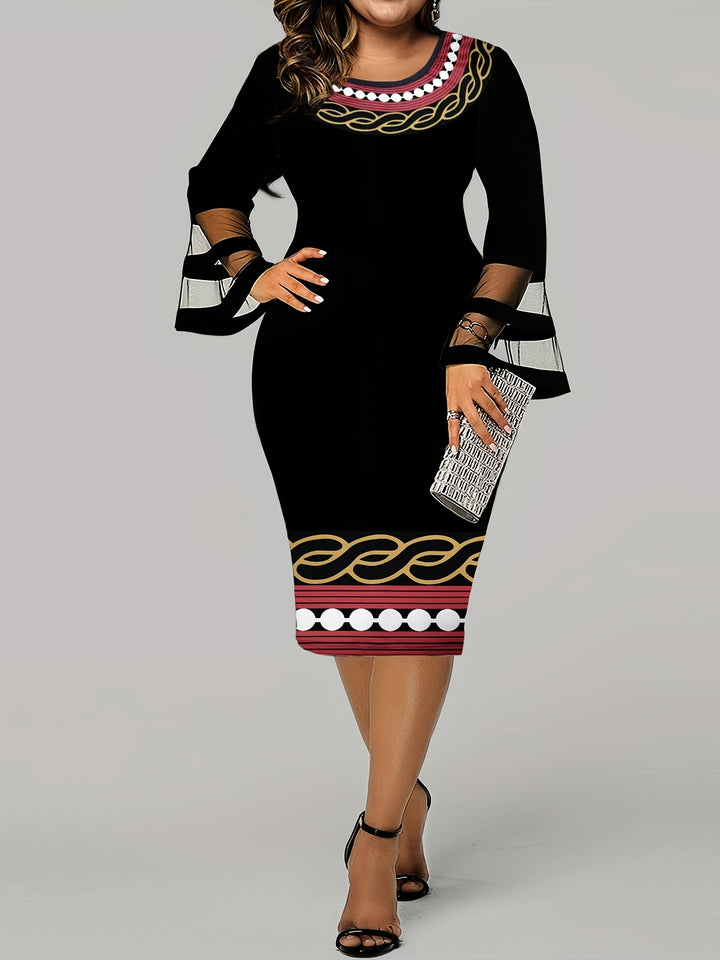 Plus Size Casual Dress, Women's Plus Colorblock Geometric Print Contrast Mesh Bell Sleeve Round Neck Medium Stretch Slim Fit Midi Dress