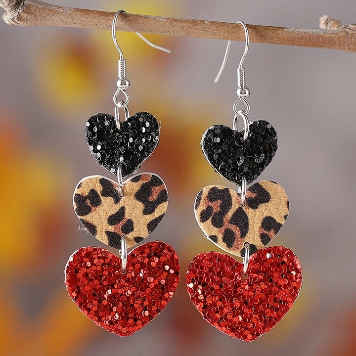 Heart Design Leopard Pattern Bling Bling Sequins Decor Dangle Earrings PU Leather Jewelry Valentine's Day Gift