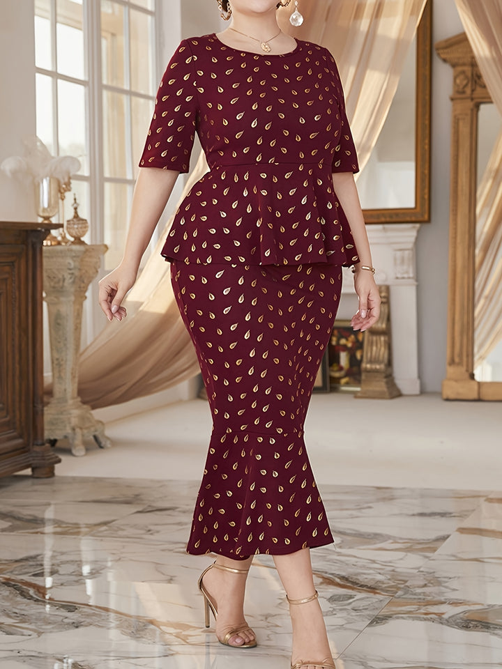 Plus Size Elegant Dress, Women's Plus Golden Dot Print Half Sleeve Round Neck Ruffle Trim Mermaid Dress
