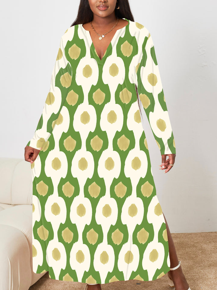 Stylish Plus Size Maxi Dress for Women, Allover Print V Neck Split Hem Design