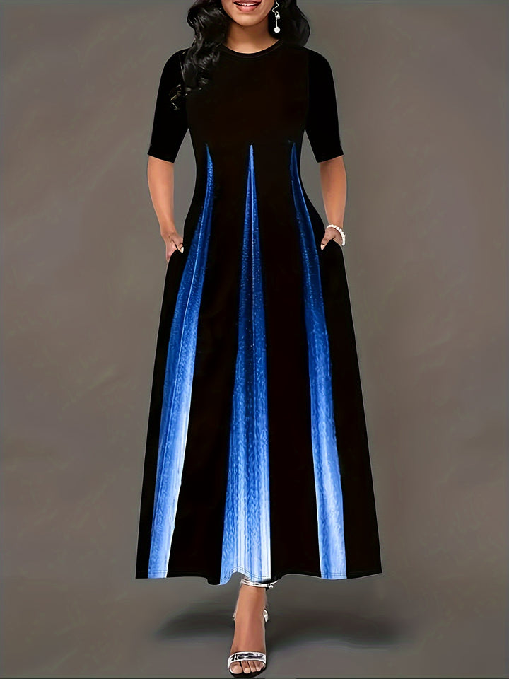 Plus Size Casual Dress, Women's Plus Colorblock Short Sleeve Round Neck Maxi Dress With Pockets