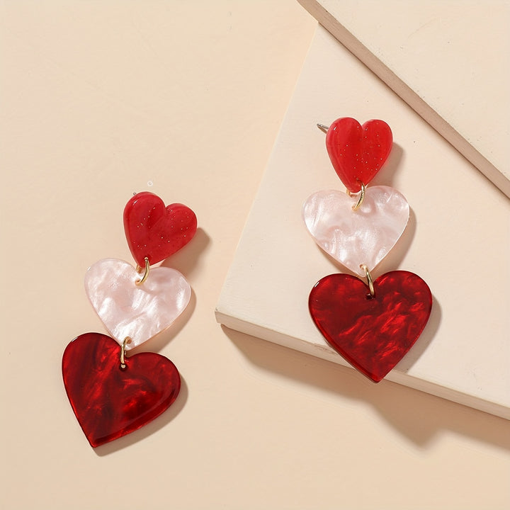 Red & White Heart Design Long Dangle Earrings Cute Y2K Style Acrylic Jewelry Trendy Gift For Lovers TRIO earrings