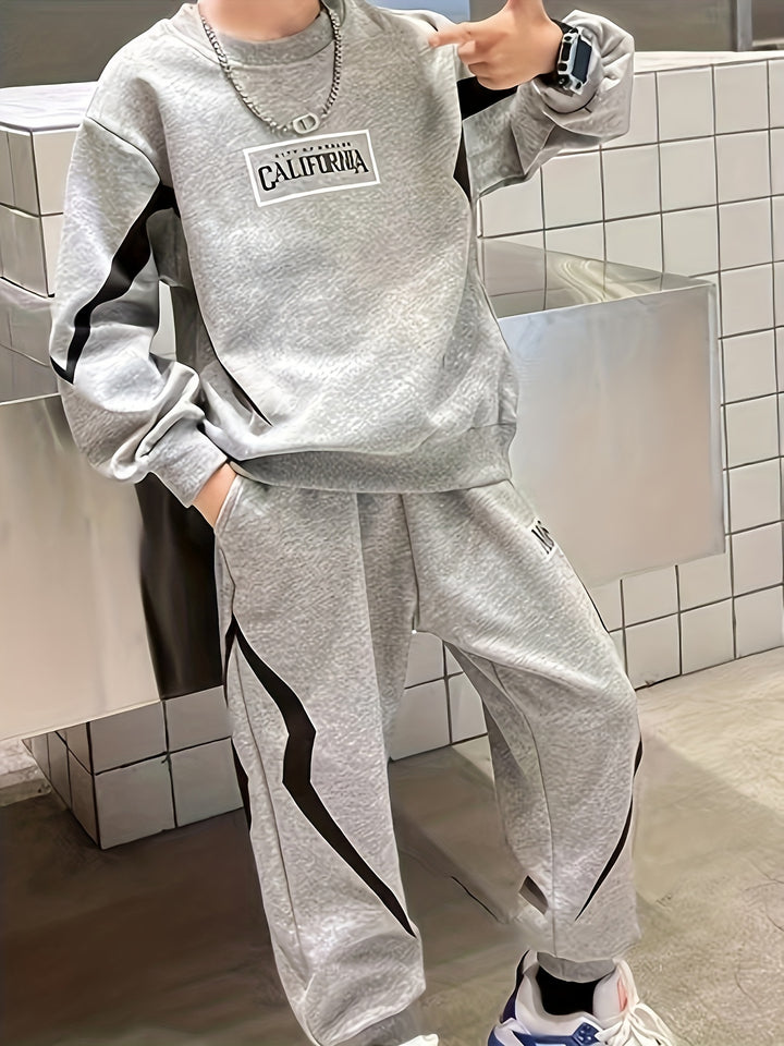 2pcs Boy's Color Clash Outfit, Letter Print Sweatshirt & Sweatpants Set, Trendy Long Sleeve Top, Kid's Clothes For Spring Fall Winter, Christmas Gift