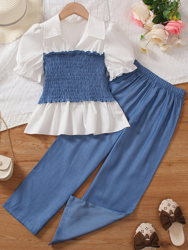 Elegant Girls 2pcs Splicing Puff Short Sleeve Lapel T-shirt Top + Pants Set Summer Clothes Gift Party