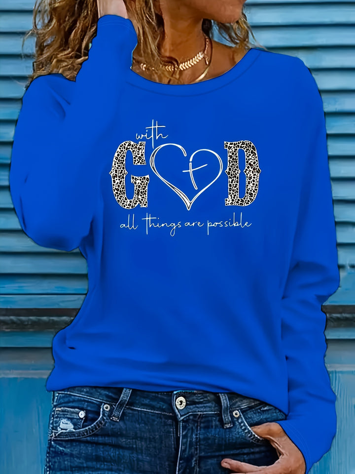 Plus Size Casual Sweatshirt, Women's Plus Cross Heart & Leopard Letter Print Long Sleeve Round Neck Slight Stretch Pullover Top