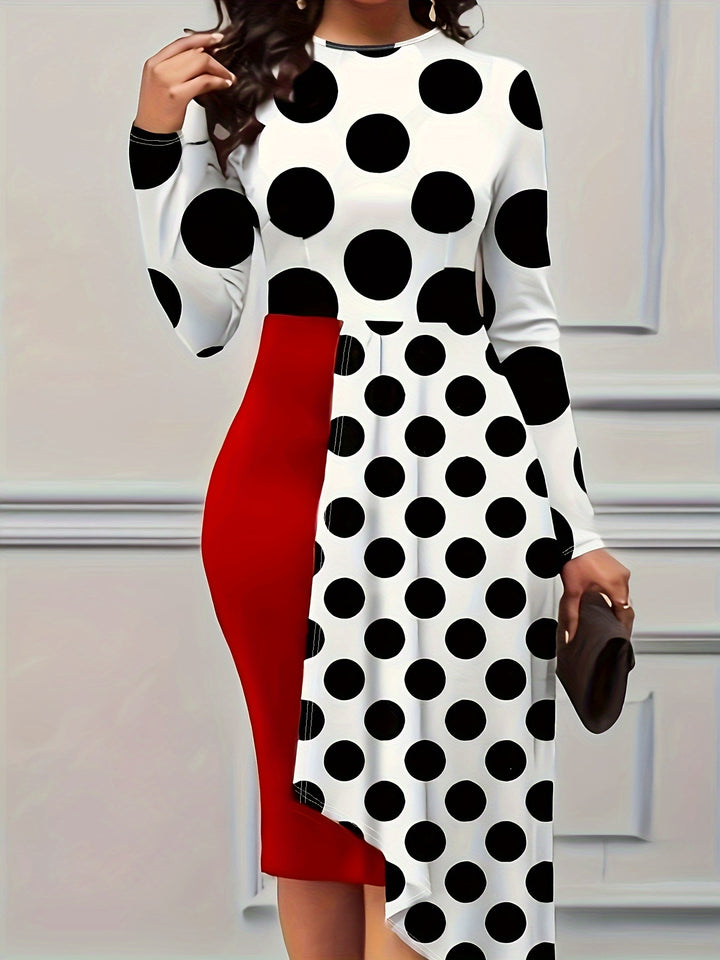 Plus Size elegant Dress, Women's Plus Colorblock Dot Print Stitching Long Sleeve Round Neck Bodycon Midi Dress