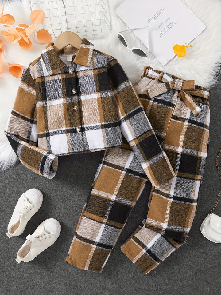 Girls Plaid 2pc Outfits Button Front Lapel Jacket + Pants Set Vintage Style