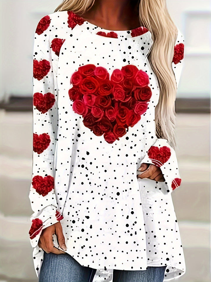 Plus Size Valentine's Day T-shirt, Women's Plus Heart & Rose & Dot Print Long Sleeve Round Neck Loose Fit T-shirt