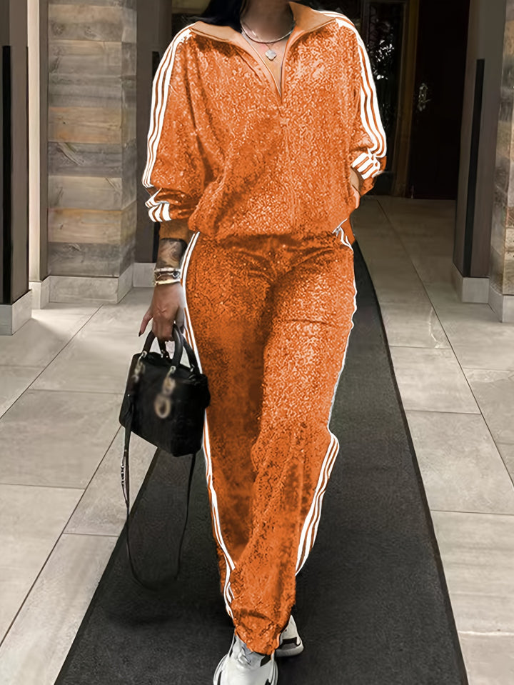 Plus Size Sequin Two-piece Set, Zip Front Long Sleeve Top & Pants Outfits, Women's Plus Size Clothing